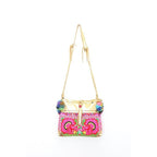 Handmade Gold Leather Crossbody Bag with Hmong Textile, Boho Pom Pom Tassel Purse, Tribal Ethnic Fair Trade Bag from Thailand Bags La Vie Bien Handmade Gold Leather Crossbody Bag with Hmong Textile, Boho Pom Pom Tassel Purse, Tribal Ethnic Fair Trade Bag from Thailand