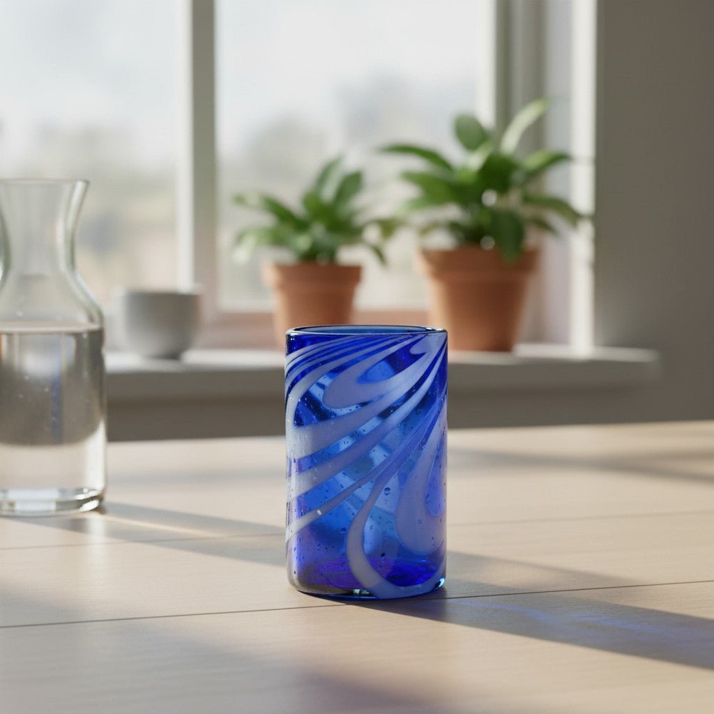 Handmade Mexican Drinking Glass | Blue with White Swirl Mexican Drinking Glass La Vie Bien Handmade Mexican Drinking Glass | Blue with White Swirl