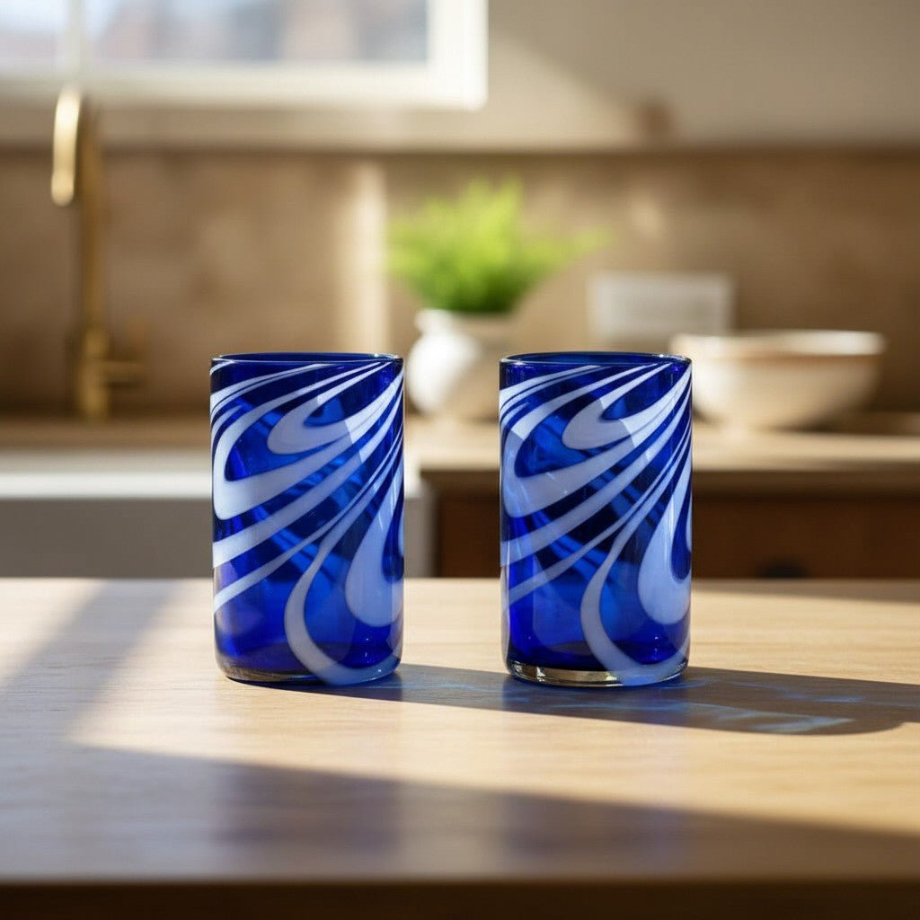 Handmade Mexican Drinking Glass | Blue with White Swirl Mexican Drinking Glass La Vie Bien Handmade Mexican Drinking Glass | Blue with White Swirl