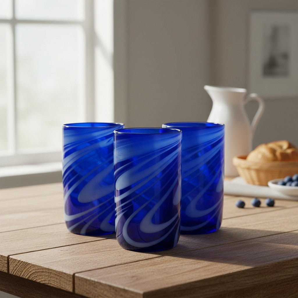 Handmade Mexican Drinking Glass | Blue with White Swirl Mexican Drinking Glass La Vie Bien Handmade Mexican Drinking Glass | Blue with White Swirl