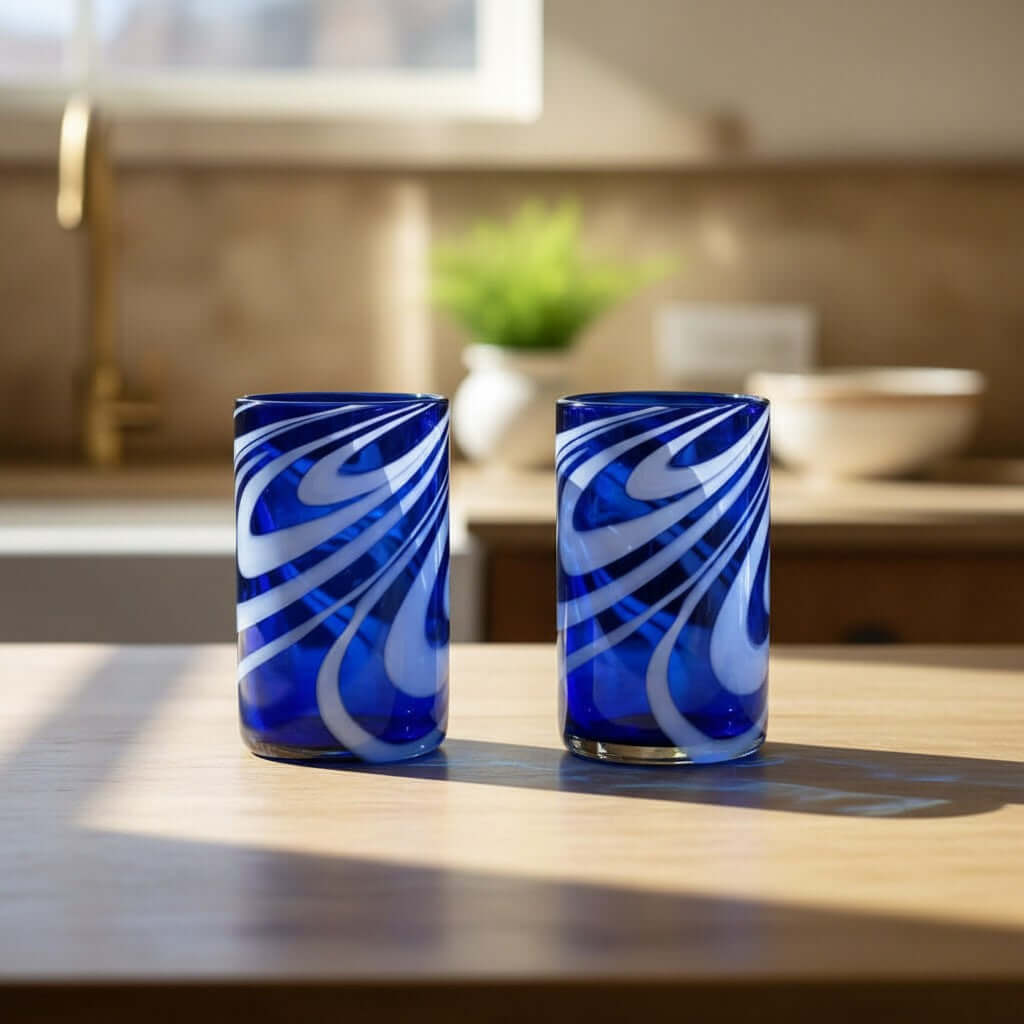 Handmade Mexican Drinking Glass | Blue with White Swirl Mexican Drinking Glass La Vie Bien Handmade Mexican Drinking Glass | Blue with White Swirl