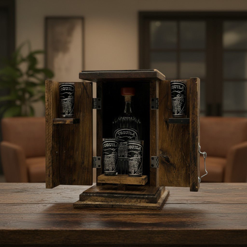 Handmade Shot Glass & Decanter Set | Mexican Rustic Wood Box Mexican Decanter La Vie Bien Handmade Shot Glass & Decanter Set | Mexican Rustic Wood Box