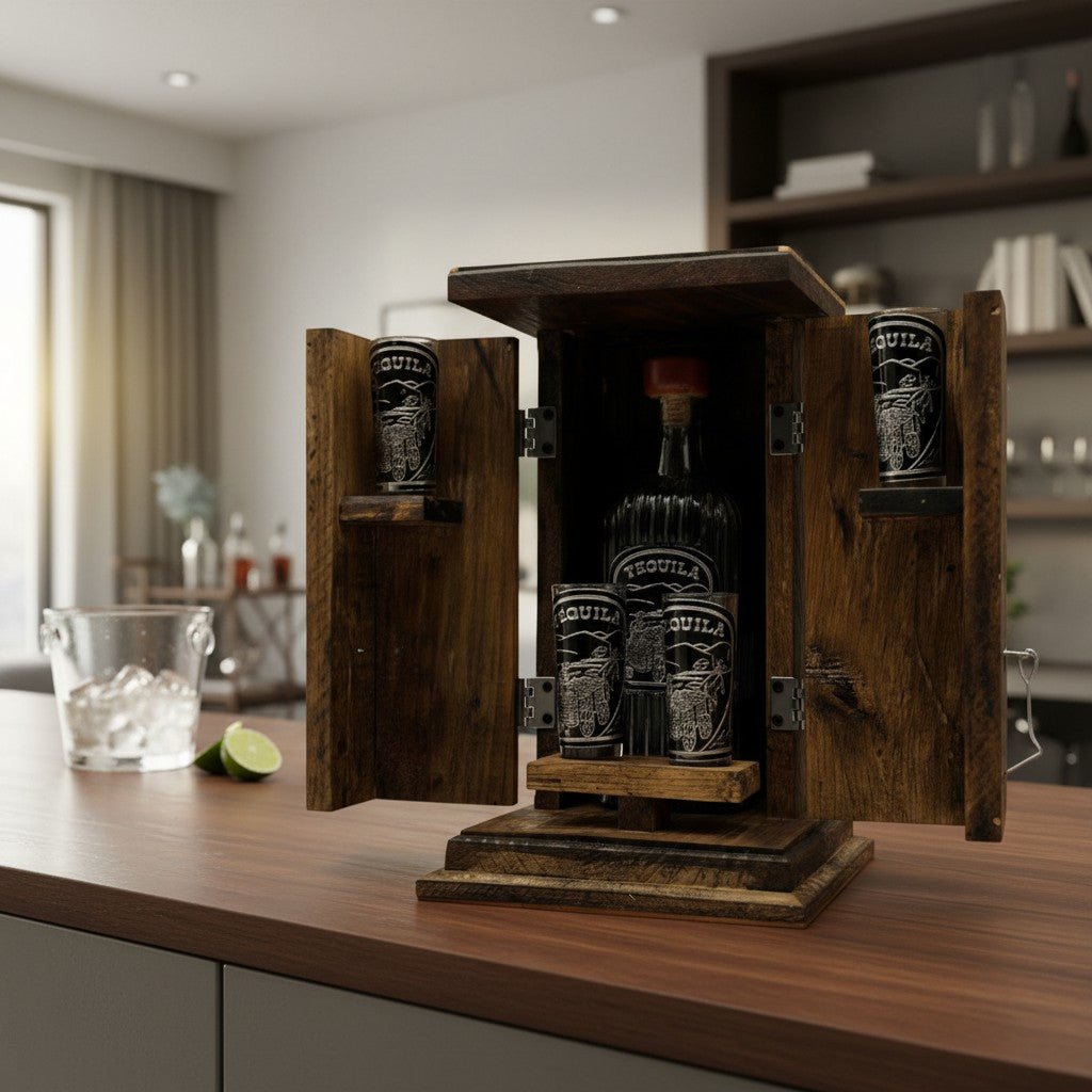 Handmade Shot Glass & Decanter Set | Mexican Rustic Wood Box Mexican Decanter La Vie Bien Handmade Shot Glass & Decanter Set | Mexican Rustic Wood Box