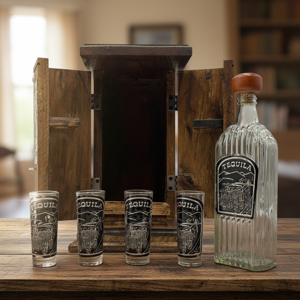 Handmade Shot Glass & Decanter Set | Mexican Rustic Wood Box Mexican Decanter La Vie Bien Handmade Shot Glass & Decanter Set | Mexican Rustic Wood Box