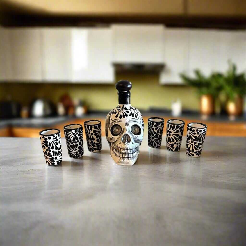 Handmade Skull Decanter Set | Black & White Mexican Barware Mexican Decanter La Vie Bien Handmade Skull Decanter Set | Black & White Mexican Barware