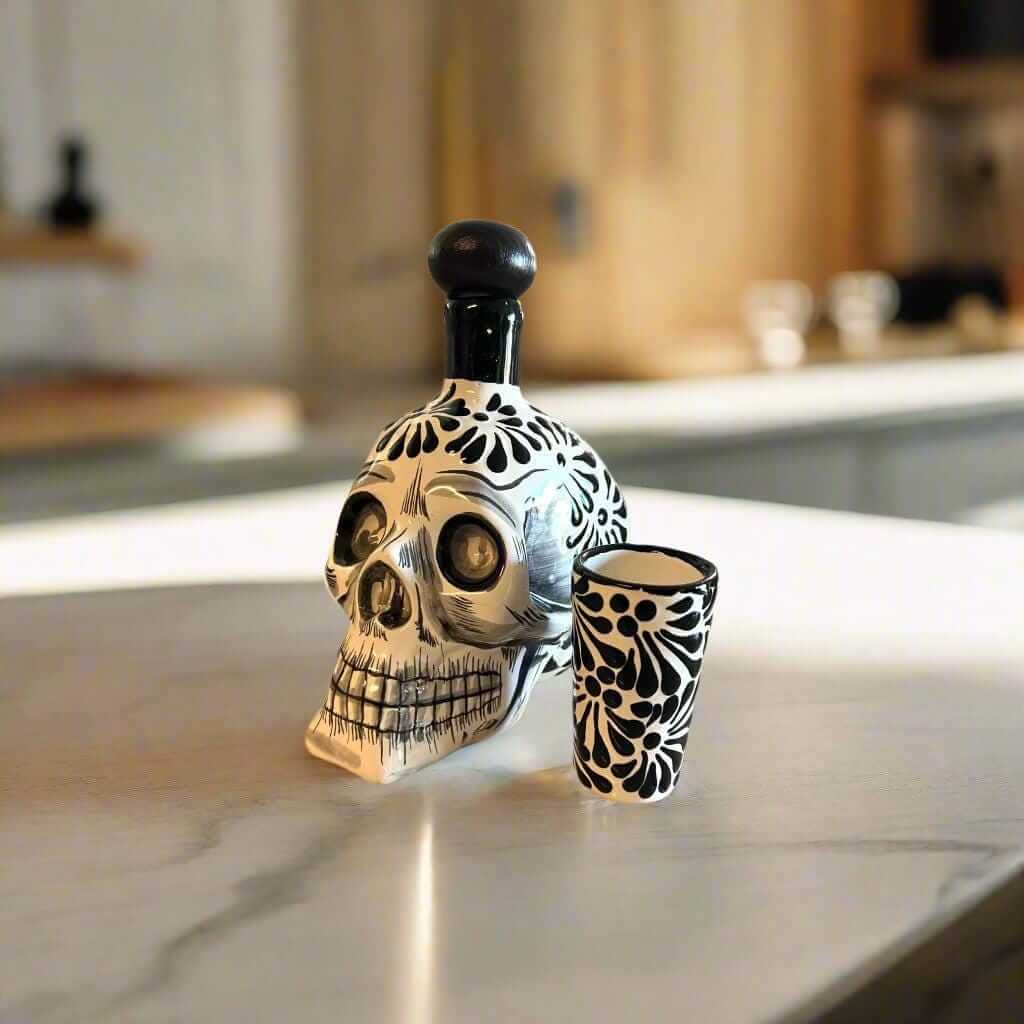 Handmade Skull Decanter Set | Black & White Mexican Barware Mexican Decanter La Vie Bien Handmade Skull Decanter Set | Black & White Mexican Barware