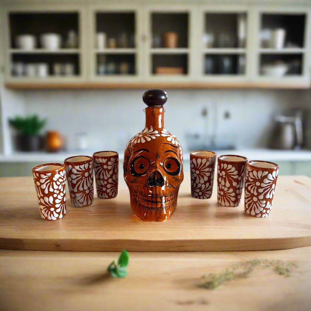 Handmade Skull Decanter Set | Brown & White Mexican Barware Mexican Decanter La Vie Bien Handmade Skull Decanter Set | Brown & White Mexican Barware