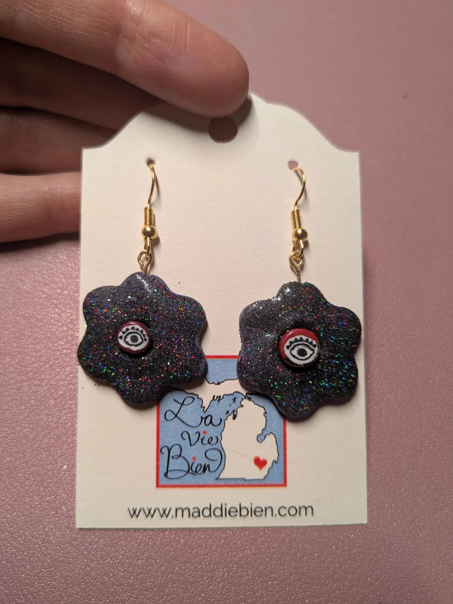 Handmade Sparkly Eye Dangle Earrings: Purple Black Flower, Gold Hardware Earrings La Vie Bien Handmade Sparkly Eye Dangle Earrings: Purple Black Flower, Gold Hardware