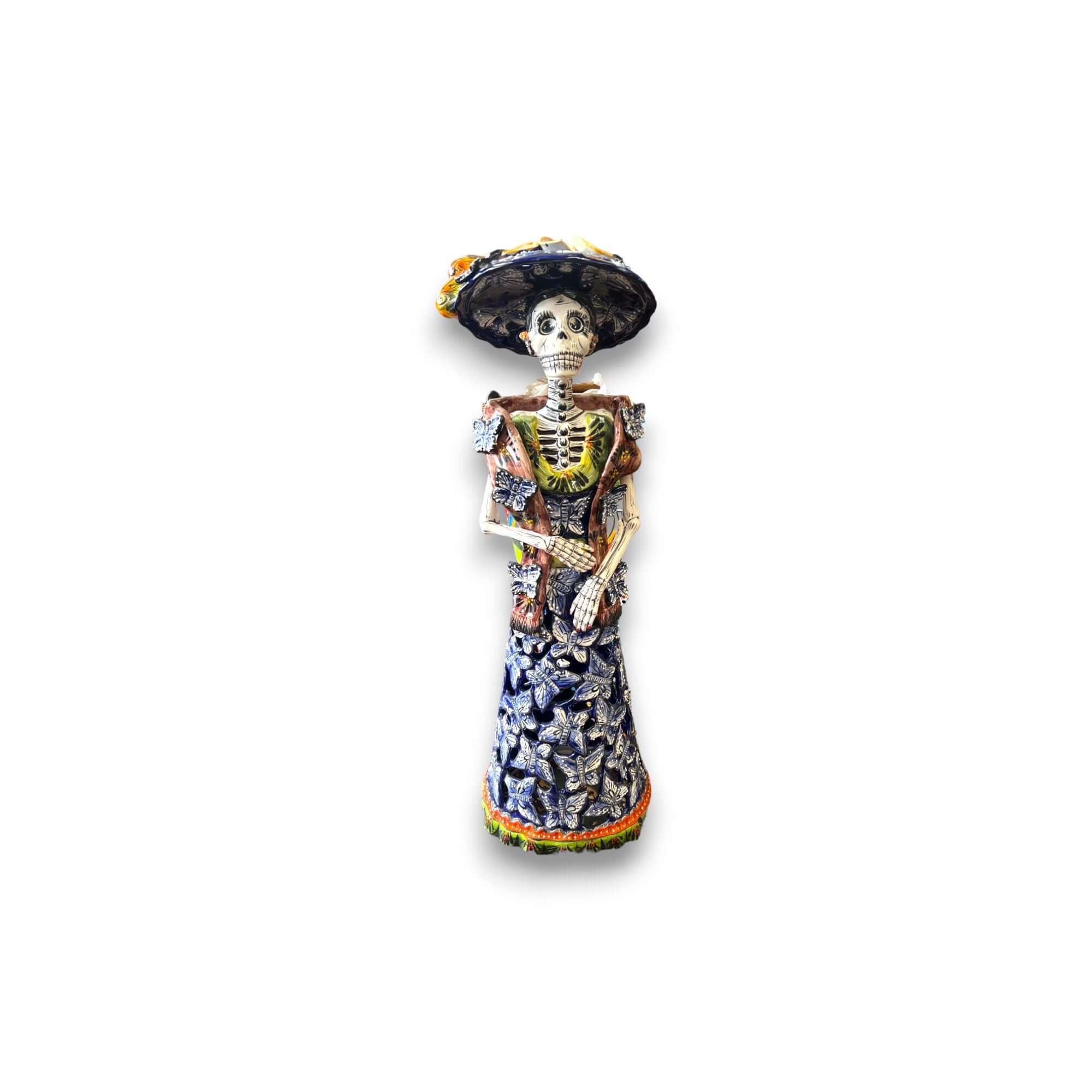 Handmade Talavera Day of the Dead Pottery | 27-Inch Tall Skeleton Woman Talavera Statue La Vie Bien Handmade Talavera Day of the Dead Pottery | 27-Inch Tall Skeleton Woman