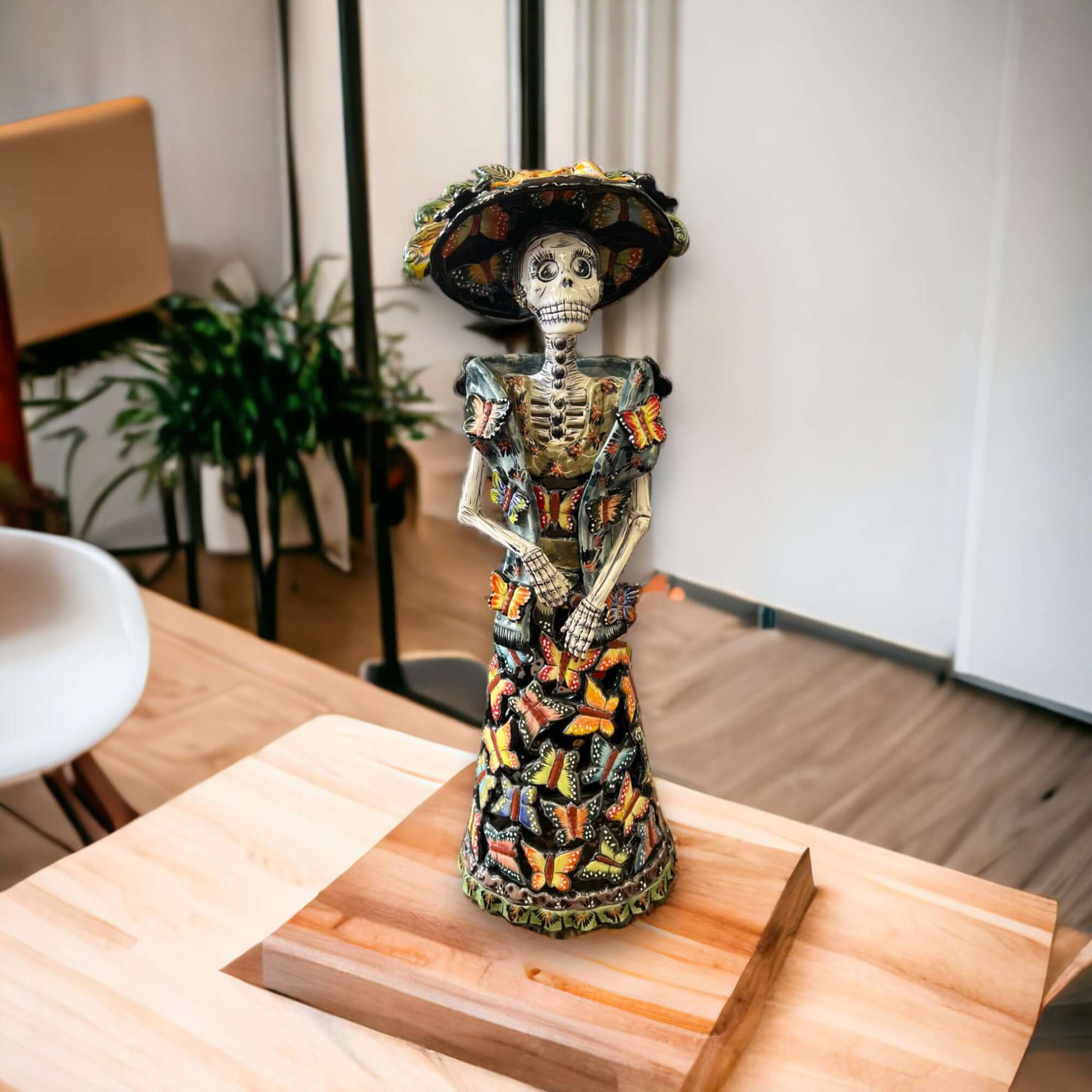 Handmade Talavera Day of the Dead Pottery | 27 - Inch Tall Skeleton Woman Talavera Statue La Vie Bien Handmade Talavera Day of the Dead Pottery | 27 - Inch Tall Skeleton Woman