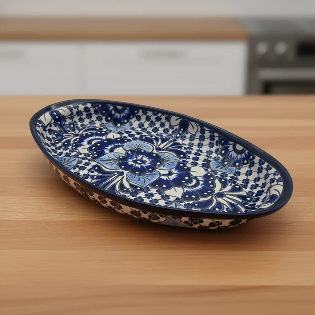 Handmade Talavera Oval Platter | Blue & White Mexican Art Talavera Oval Platter La Vie Bien Handmade Talavera Oval Platter | Blue & White Mexican Art