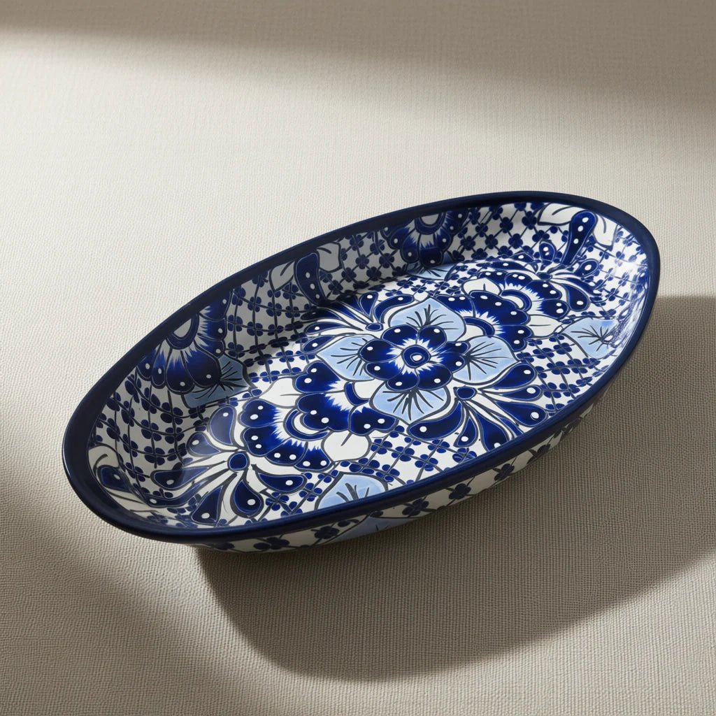 Handmade Talavera Oval Platter | Blue & White Mexican Art Talavera Oval Platter La Vie Bien Handmade Talavera Oval Platter | Blue & White Mexican Art