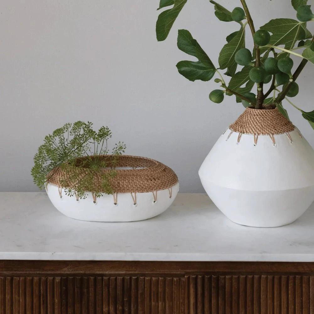 Benton Terracotta Planter with Hand-Woven Rattan Stitching by White Cliff Studio