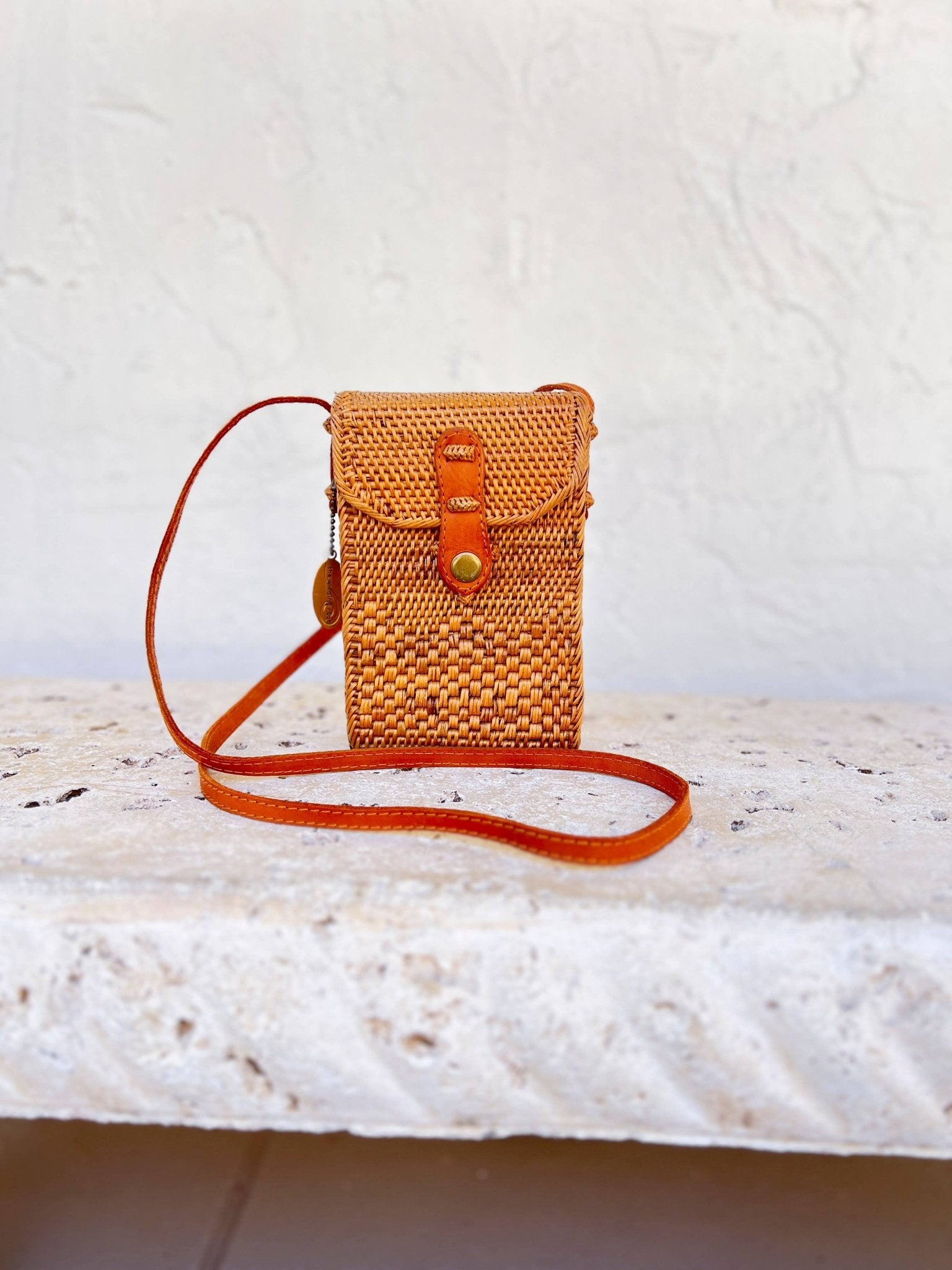 Handmade woven Balinese Ata Vine Cell Phone Resort Crossbody Bag with Leather Strap La Vie Bien Handmade woven Balinese Ata Vine Cell Phone Resort Crossbody Bag with Leather Strap