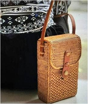 Handmade woven Balinese Ata Vine Cell Phone Resort Crossbody Bag with Leather Strap La Vie Bien Handmade woven Balinese Ata Vine Cell Phone Resort Crossbody Bag with Leather Strap