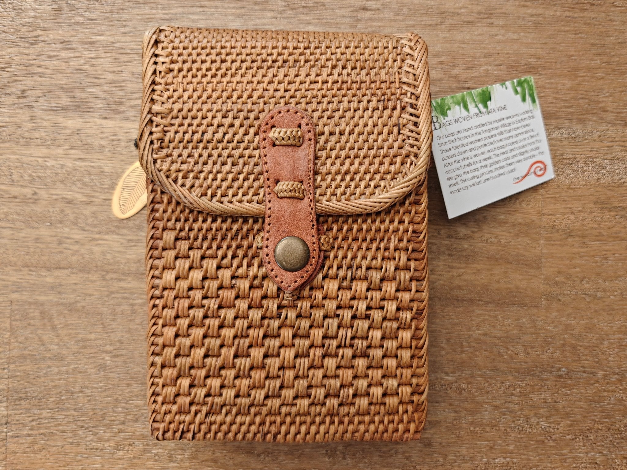 Handmade woven Balinese Ata Vine Cell Phone Resort Crossbody Bag with Leather Strap La Vie Bien Handmade woven Balinese Ata Vine Cell Phone Resort Crossbody Bag with Leather Strap