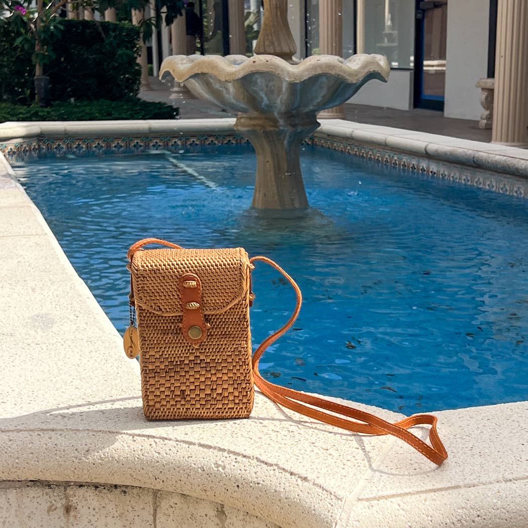 Handmade woven Balinese Ata Vine Cell Phone Resort Crossbody Bag with Leather Strap La Vie Bien Handmade woven Balinese Ata Vine Cell Phone Resort Crossbody Bag with Leather Strap