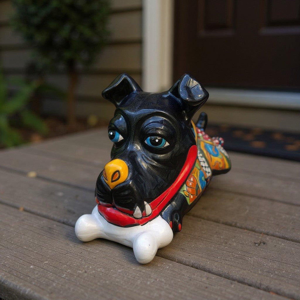 Handpainted Talavera Ceramic Large Laying Dog Decor with Bone Talavera Statue La Vie Bien Handpainted Talavera Ceramic Large Laying Dog Decor with Bone