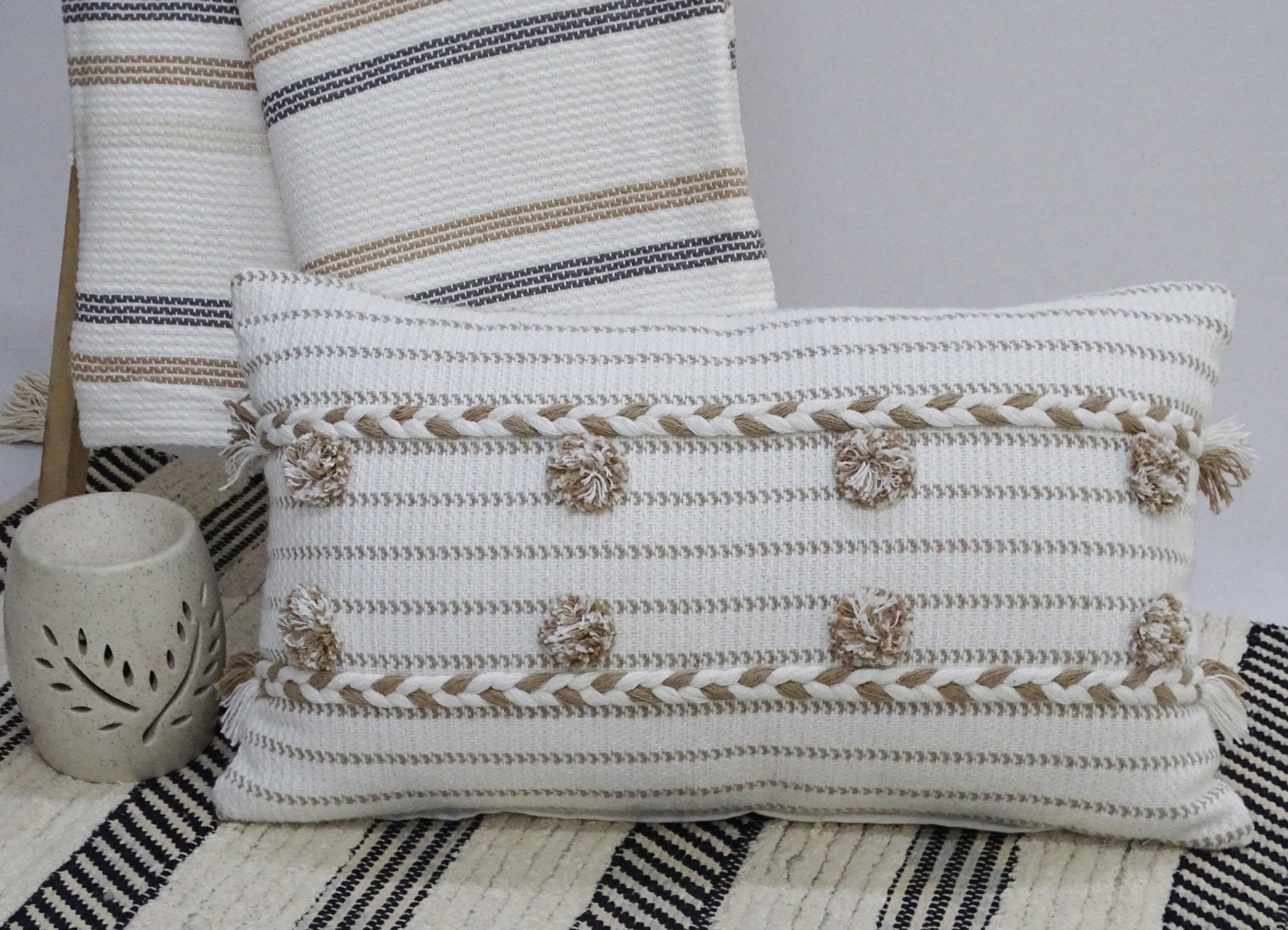 Handwoven 14" X 24" Throw Pillow with Poms Throw Pillow La Vie Bien Handwoven 14" X 24" Throw Pillow with Poms