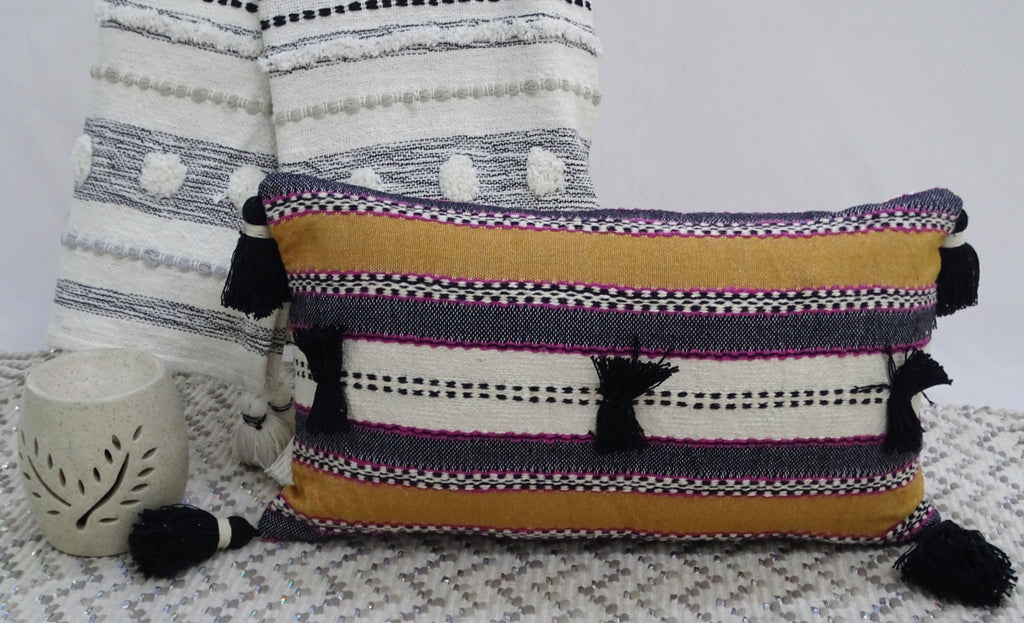 Handwoven 14"X 24" Throw Pillow with Pom-Poms Throw Pillow La Vie Bien Handwoven 14"X 24" Throw Pillow with Pom-Poms