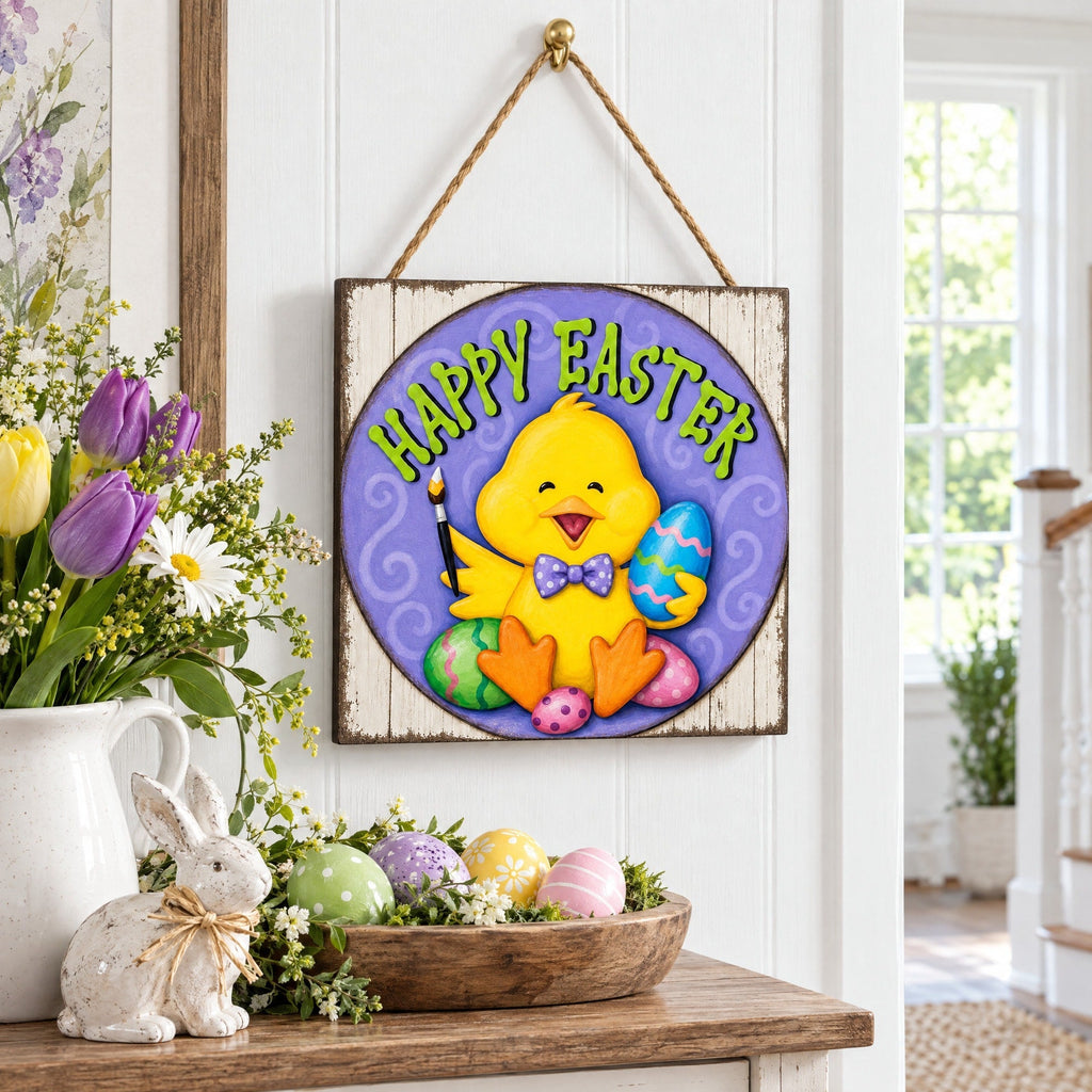 Happy Easter Chick Decorative Wall Plaque with Painted Egg Accents 10 Inches Tall Easter > Wall Decorations La Vie Bien Happy Easter Chick Decorative Wall Plaque with Painted Egg Accents 10 Inches Tall