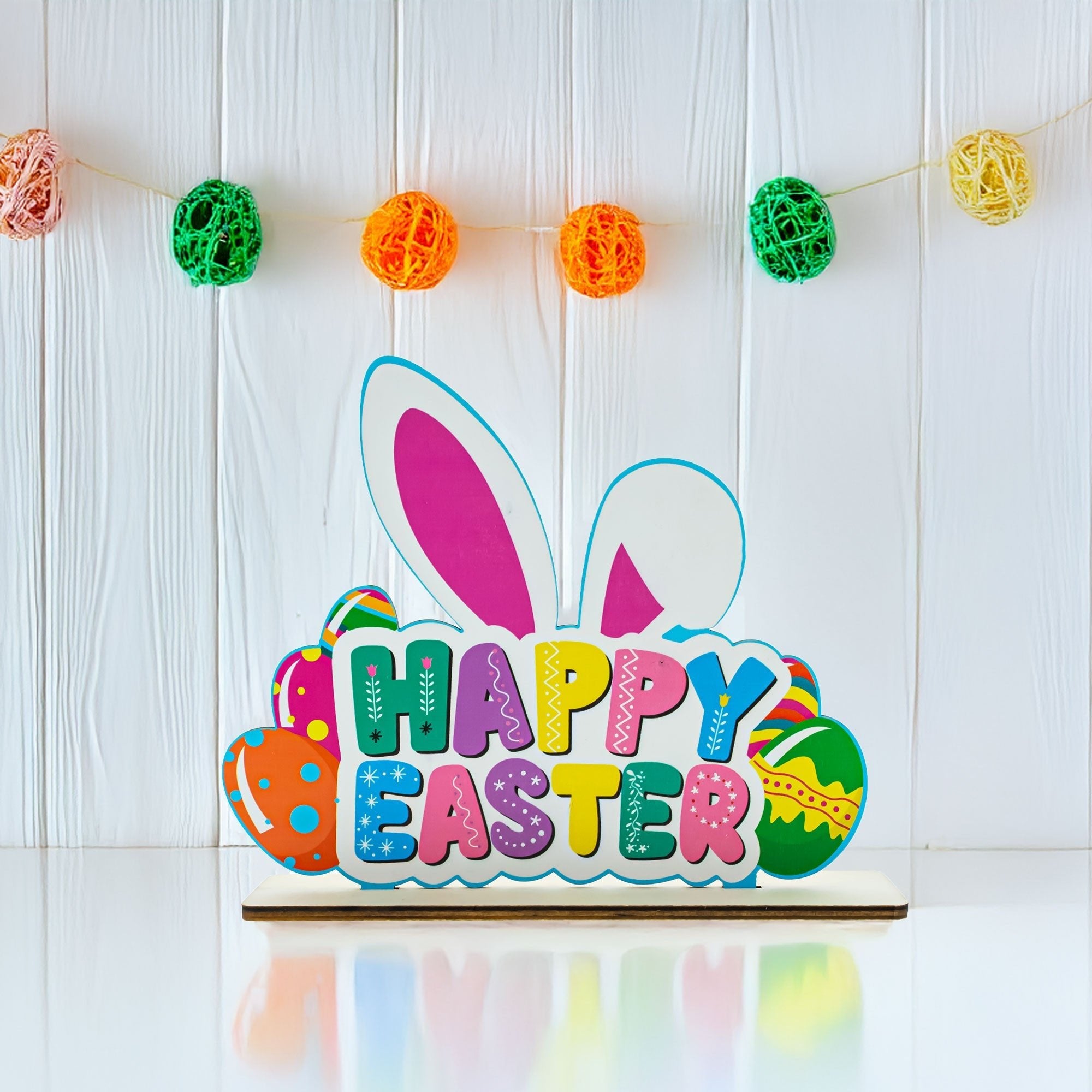 Happy Easter Wooden Tabletop Cutout With Bunny and Egg Artwork 6.5 Inches Tall Easter > Figurines La Vie Bien Happy Easter Wooden Tabletop Cutout With Bunny and Egg Artwork 6.5 Inches Tall