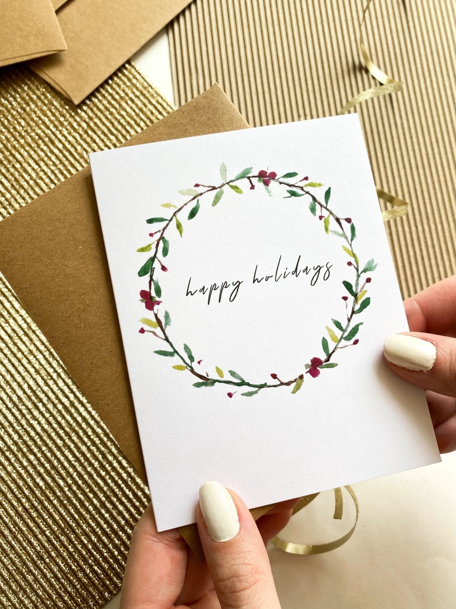 Happy Holidays Wreath Card Box Set, Simple Watercolor Wreath Card by Five Dot Post