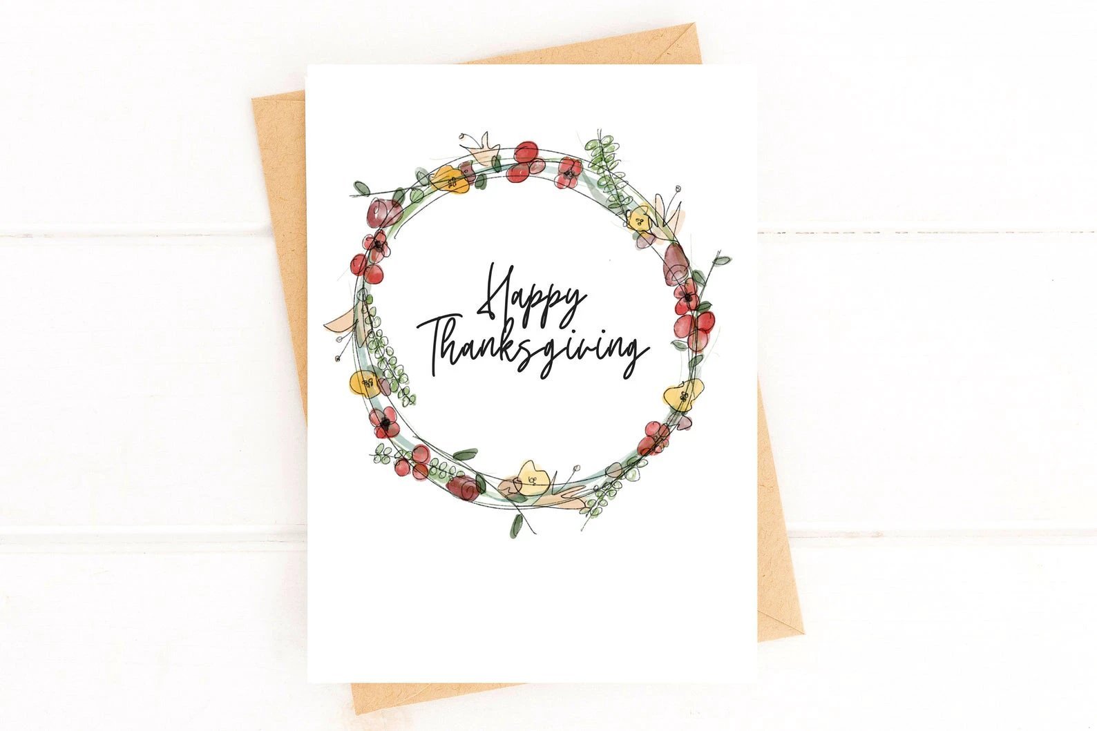 Happy Thanksgiving Card – Fall Floral Wreath, Watercolor-Style by Five Dot Post