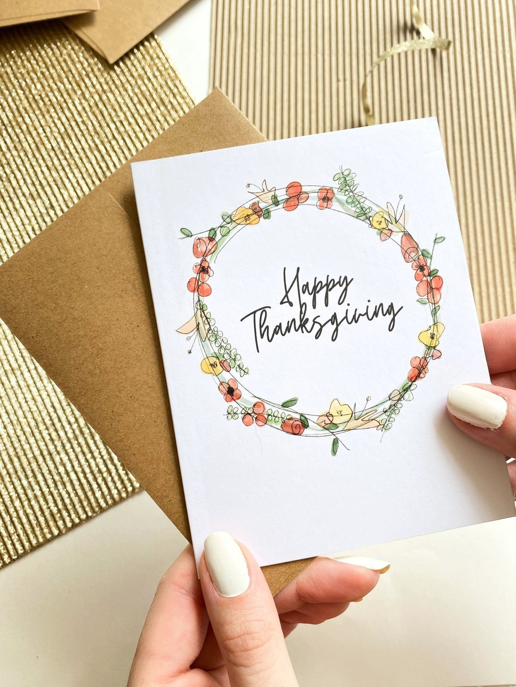 Happy Thanksgiving Card – Fall Floral Wreath, Watercolor-Style by Five Dot Post