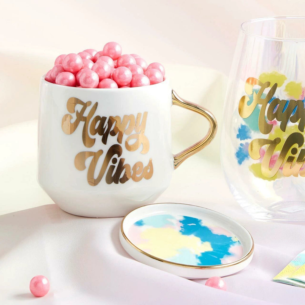 Happy Vibes Coaster Mug and Cocktail Napkin Bundle | Giftable Drinkware Set by The Bullish Store