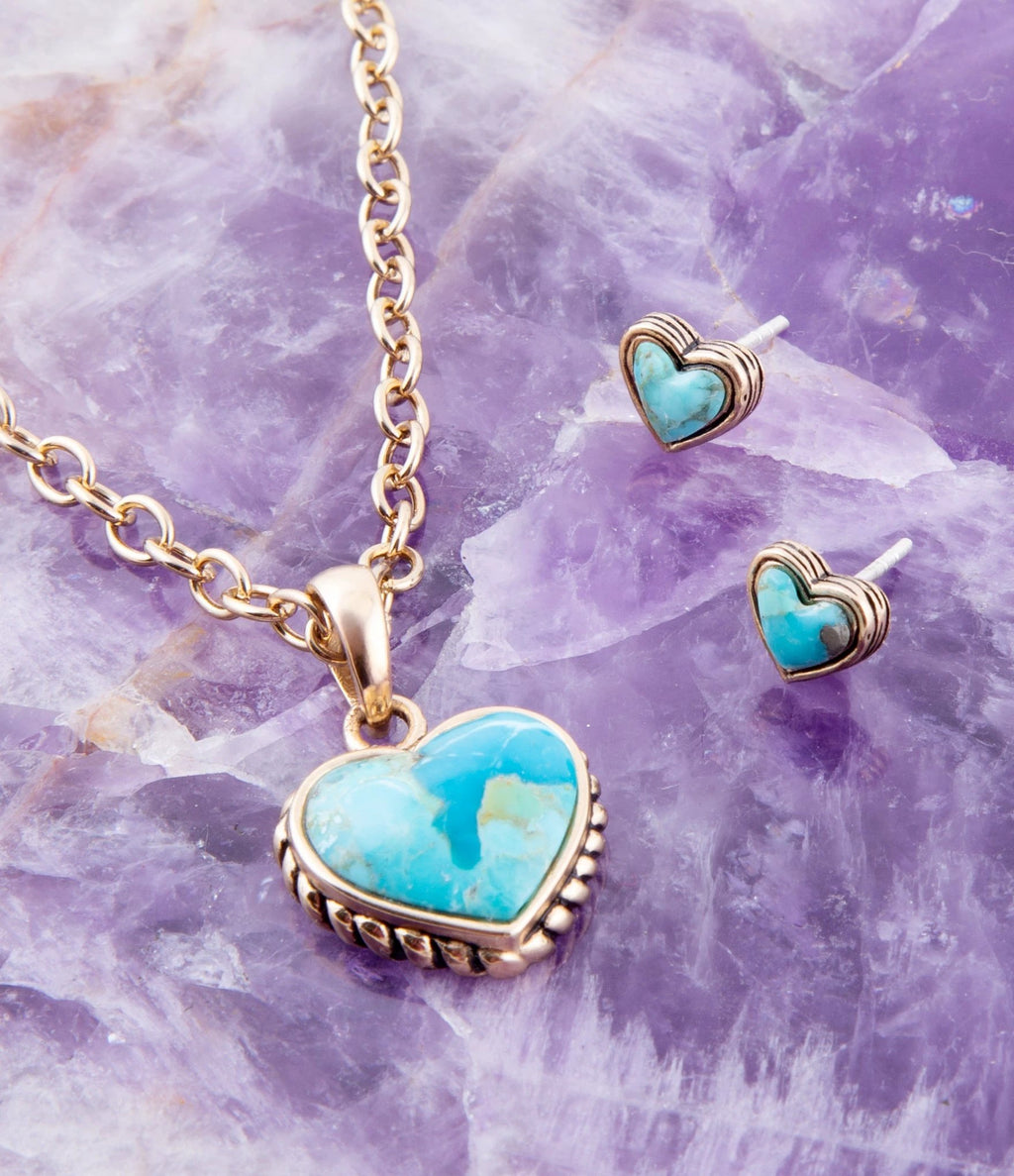 Heart Blue Turquoise Golden Stud Earrings by Barse Jewelry