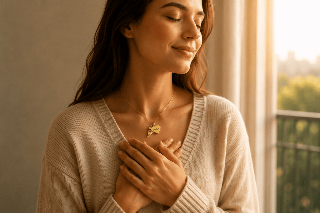 Heart Name Necklace with Angel Wing - Memorial Necklace La Vie Bien Heart Name Necklace with Angel Wing - Memorial Necklace