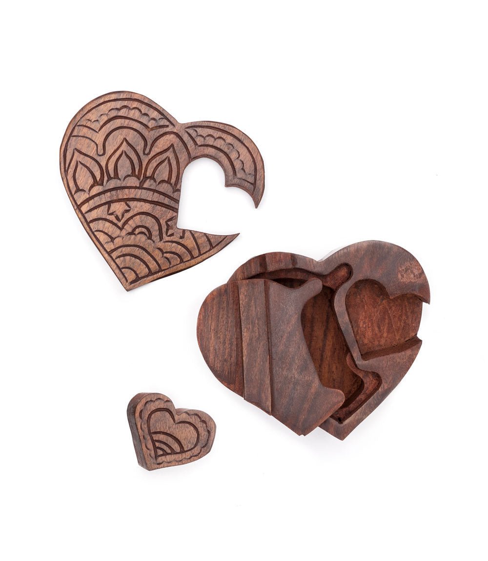 Heart Puzzle Box Jewelry Holder - Hand Carved Wood HME stock line La Vie Bien Heart Puzzle Box Jewelry Holder - Hand Carved Wood