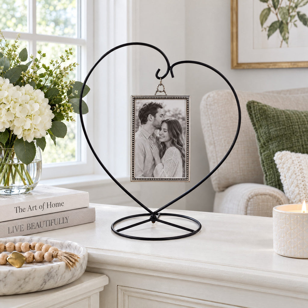 Heart-Shaped Hanging Photo Picture Frame and Black Metal Ornament Stand 9.75 Inches Ornament Stands La Vie Bien Heart-Shaped Hanging Photo Picture Frame and Black Metal Ornament Stand 9.75 Inches
