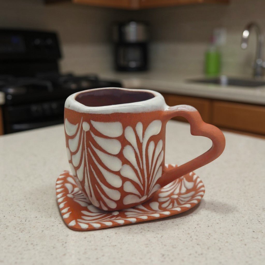 Heart-Shaped Talavera Mug Set | Brown & White Coffee Cup & Plate Talavera Mug La Vie Bien Heart-Shaped Talavera Mug Set | Brown & White Coffee Cup & Plate