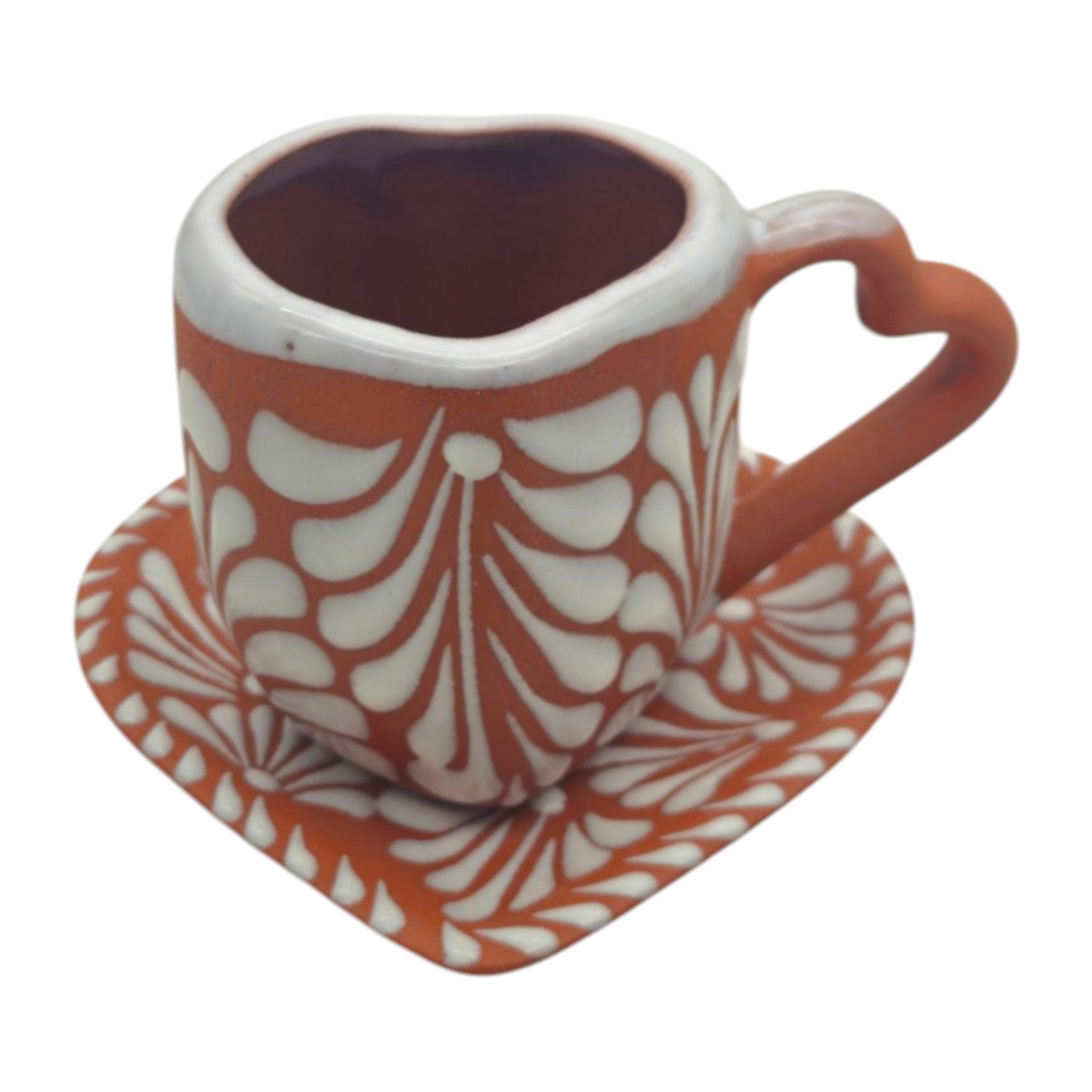 Heart-Shaped Talavera Mug Set | Brown & White Coffee Cup & Plate Talavera Mug La Vie Bien Heart-Shaped Talavera Mug Set | Brown & White Coffee Cup & Plate