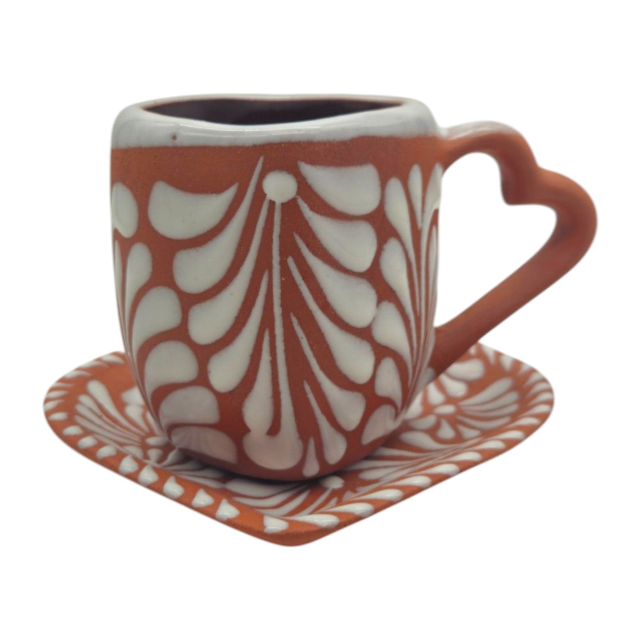 Heart-Shaped Talavera Mug Set | Brown & White Coffee Cup & Plate Talavera Mug La Vie Bien Heart-Shaped Talavera Mug Set | Brown & White Coffee Cup & Plate
