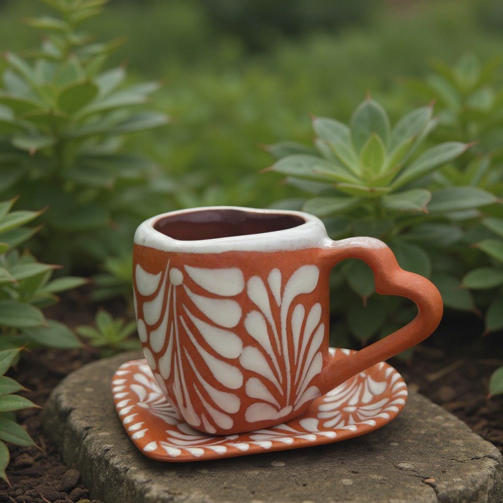 Heart-Shaped Talavera Mug Set | Brown & White Coffee Cup & Plate Talavera Mug La Vie Bien Heart-Shaped Talavera Mug Set | Brown & White Coffee Cup & Plate