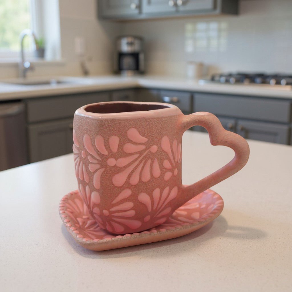 Heart Talavera Mug & Saucer Set | Pink Ceramic Coffee Cup Talavera Mug La Vie Bien Heart Talavera Mug & Saucer Set | Pink Ceramic Coffee Cup