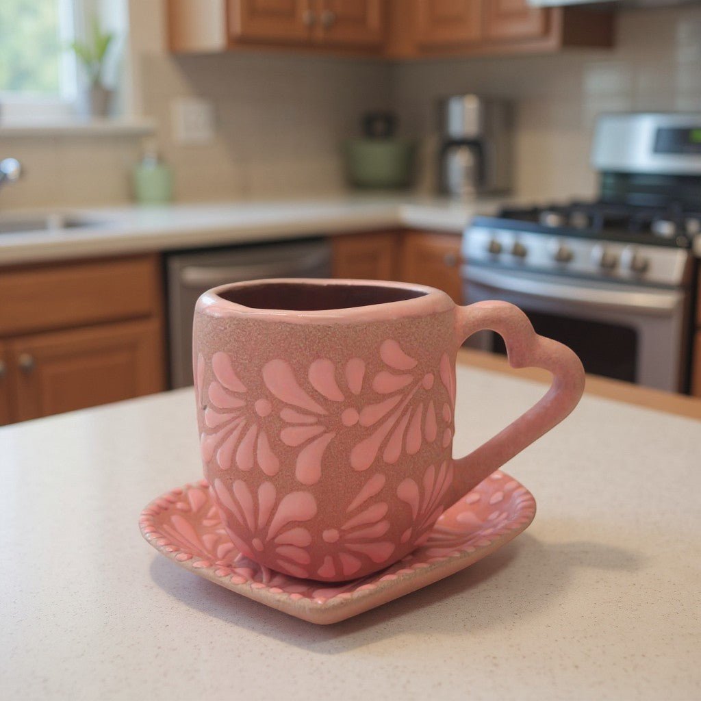 Heart Talavera Mug & Saucer Set | Pink Ceramic Coffee Cup Talavera Mug La Vie Bien Heart Talavera Mug & Saucer Set | Pink Ceramic Coffee Cup
