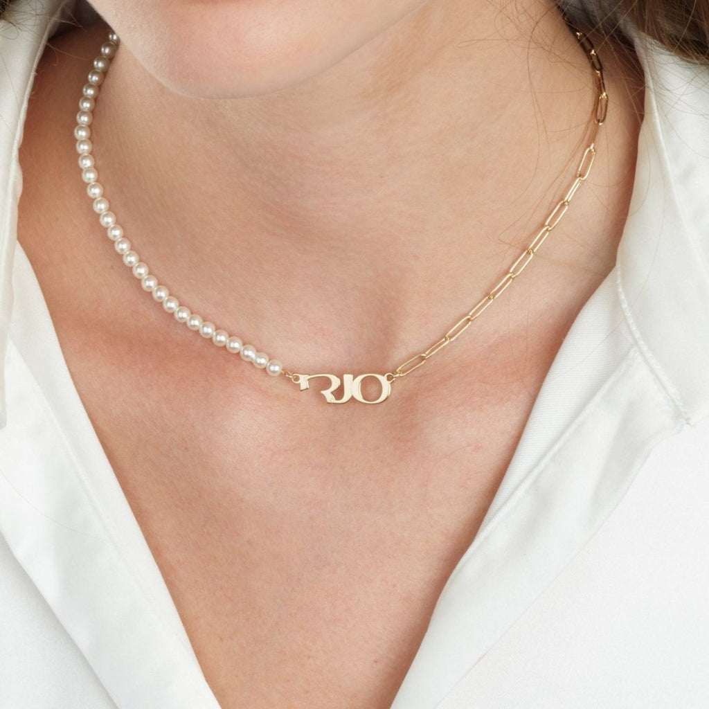 Hebrew Half Pearls Half Paperclip Name Necklace La Vie Bien Hebrew Half Pearls Half Paperclip Name Necklace