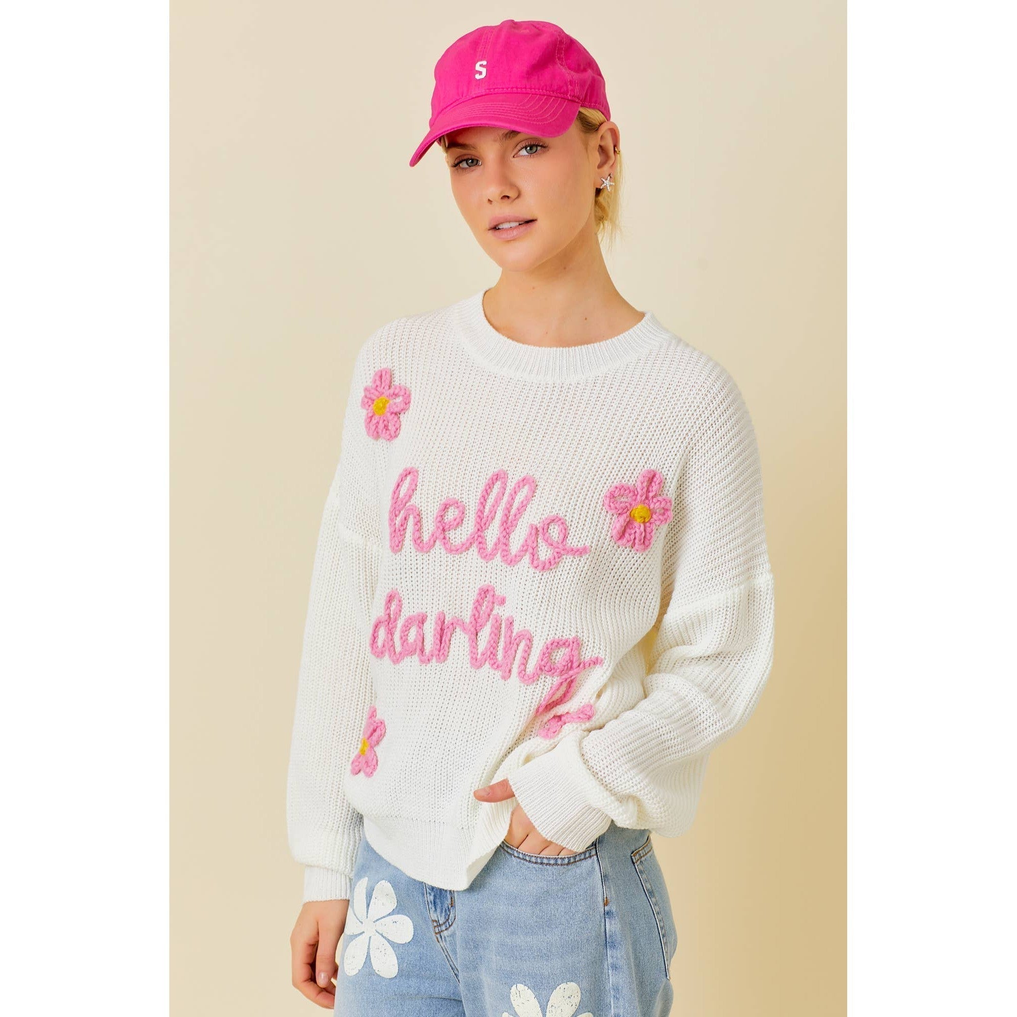 Hello Darling Flower Trim Sweater | Comfy Vintage Knit Sweatshirt [Sizes SM - L]