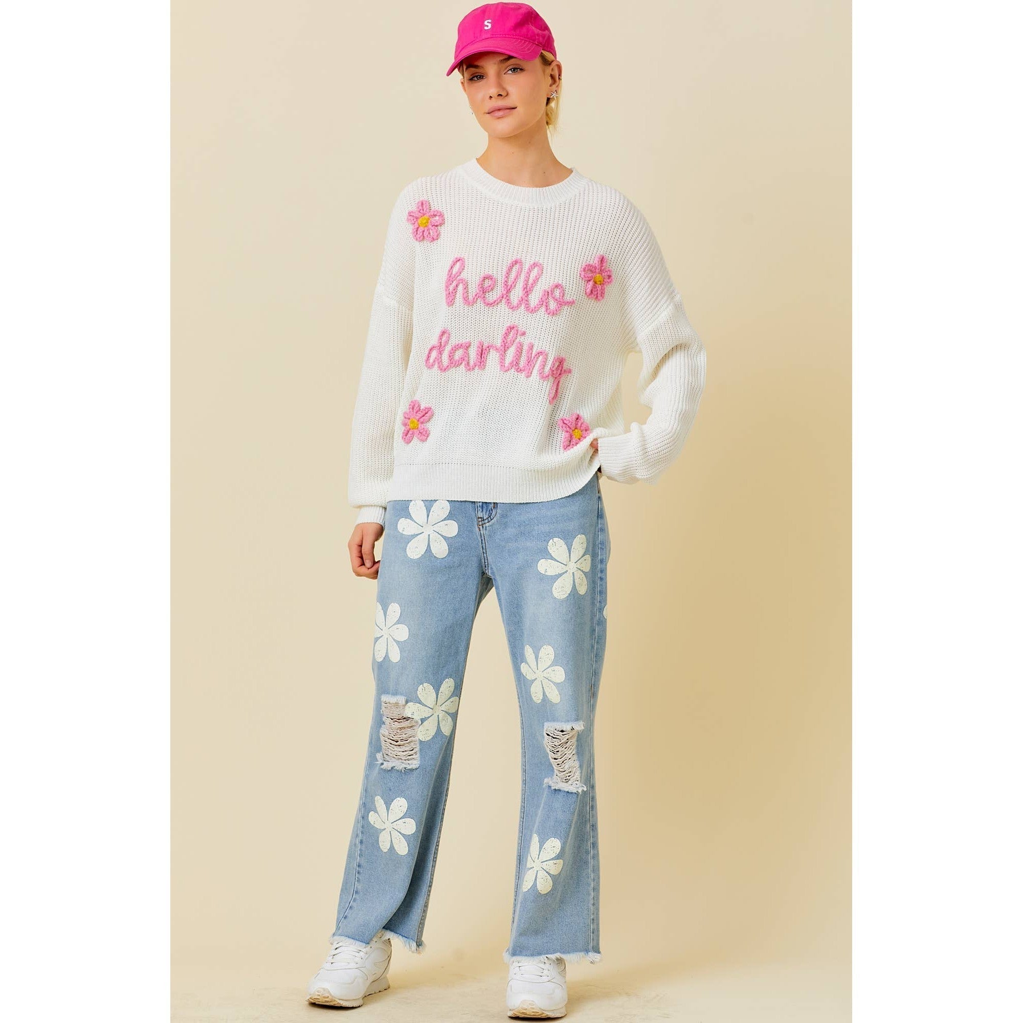 Hello Darling Flower Trim Sweater | Comfy Vintage Knit Sweatshirt [Sizes SM - L]