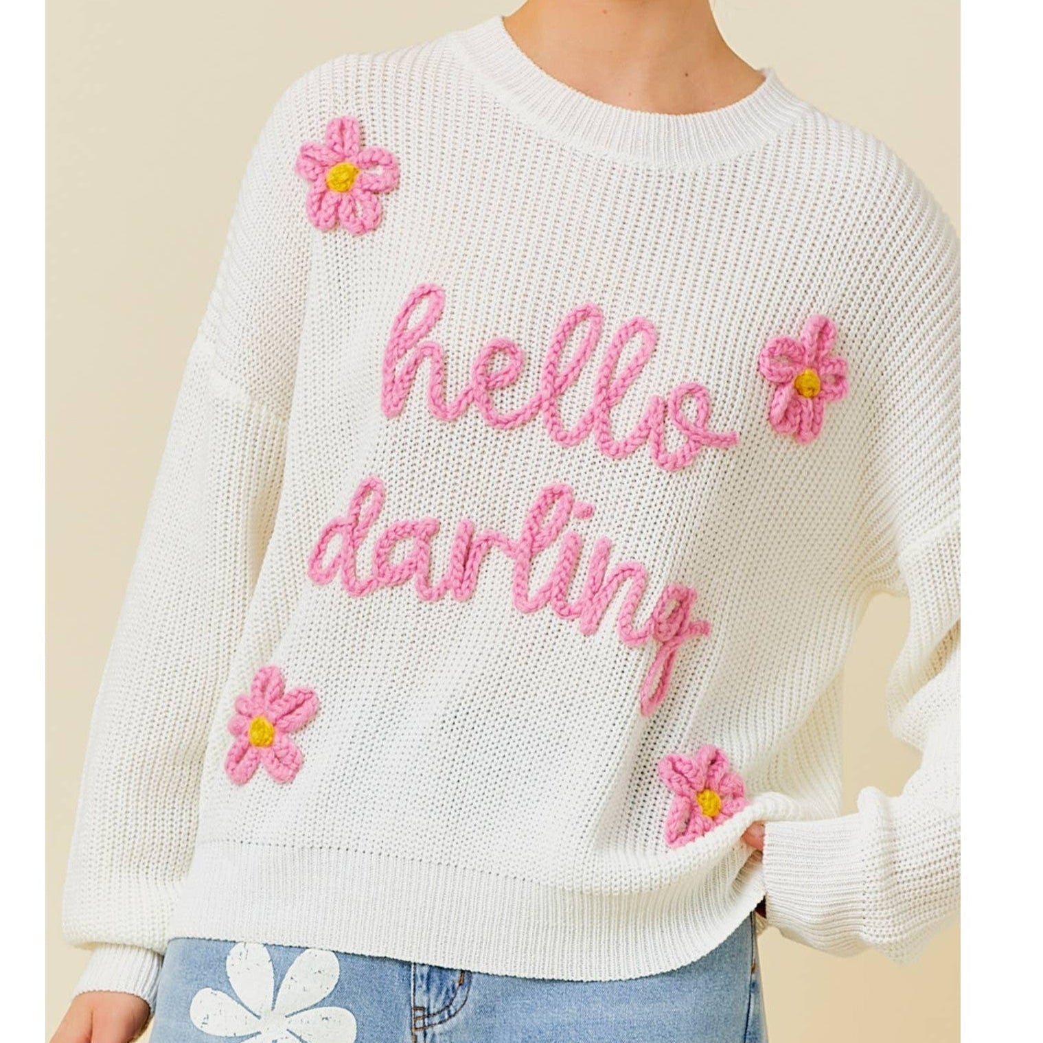 Hello Darling Flower Trim Sweater | Comfy Vintage Knit Sweatshirt [Sizes SM - L]