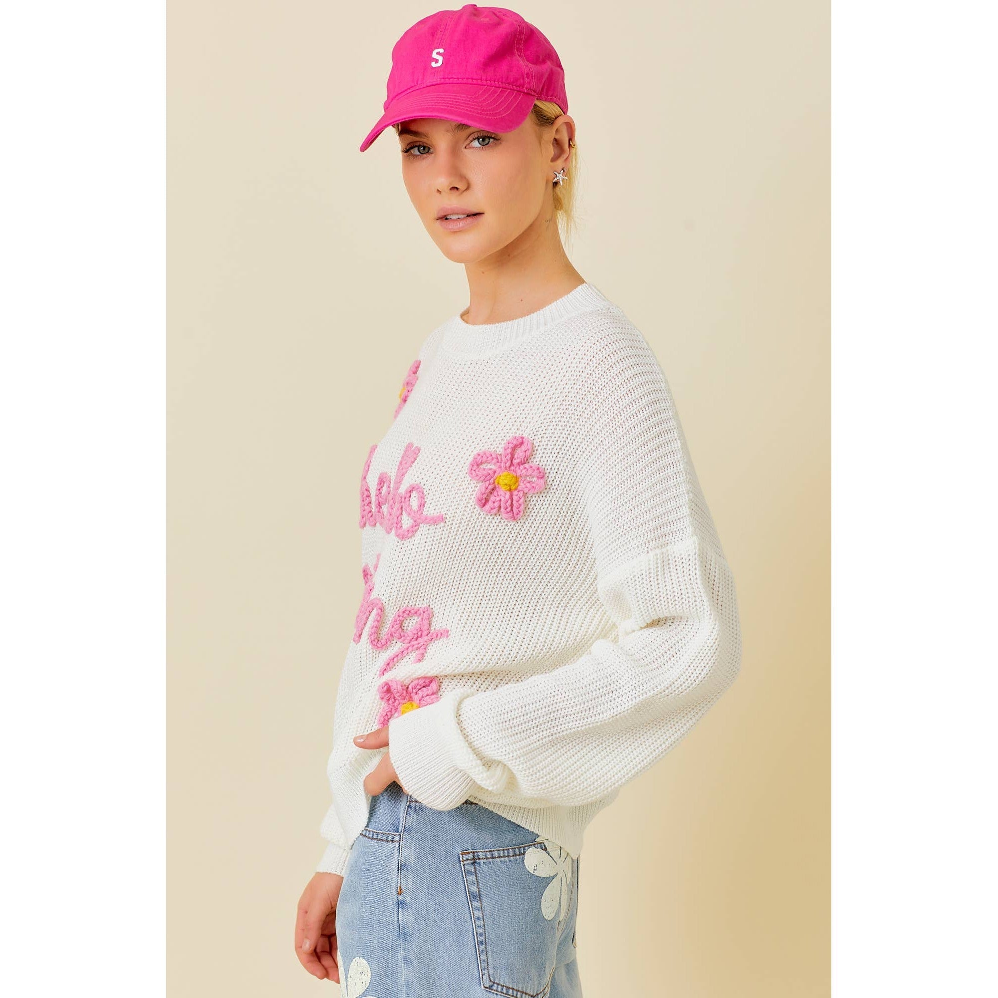 Hello Darling Flower Trim Sweater | Comfy Vintage Knit Sweatshirt [Sizes SM - L]