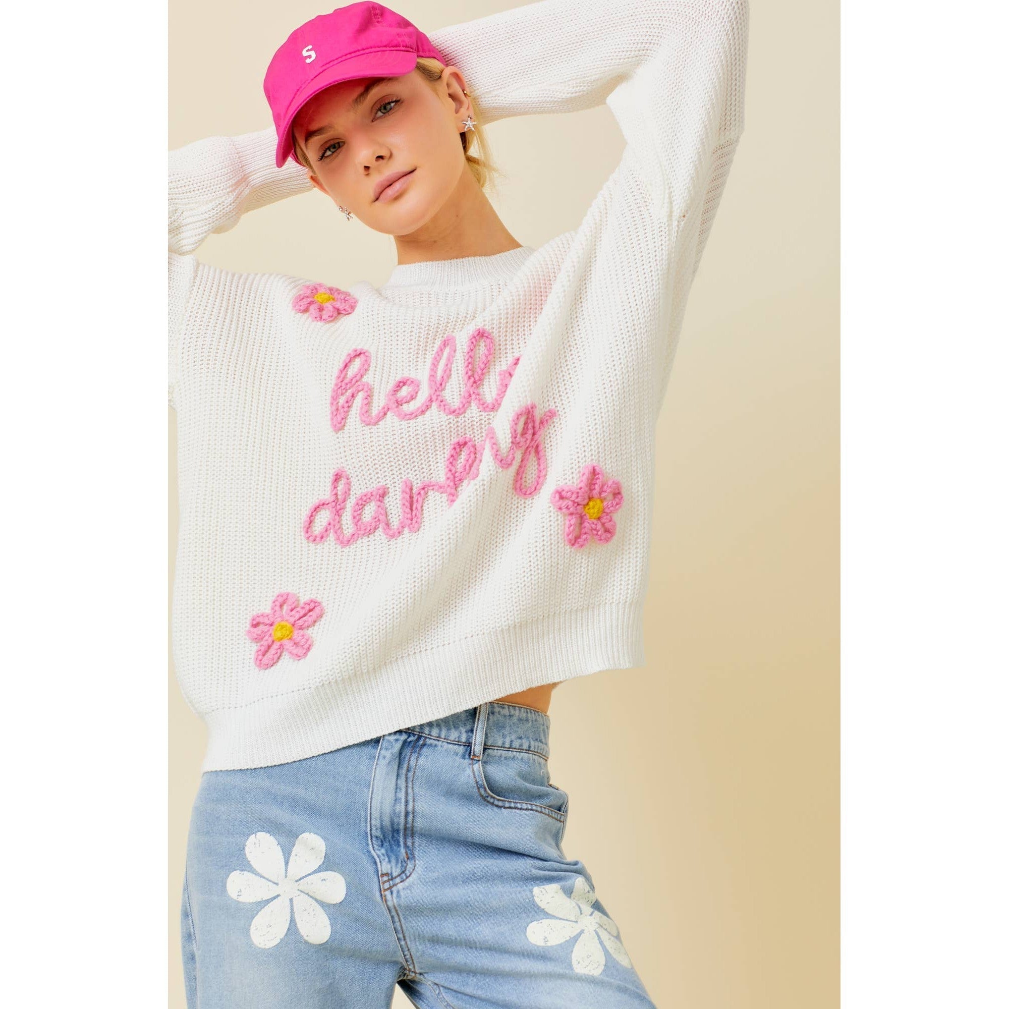 Hello Darling Flower Trim Sweater | Comfy Vintage Knit Sweatshirt [Sizes SM - L]