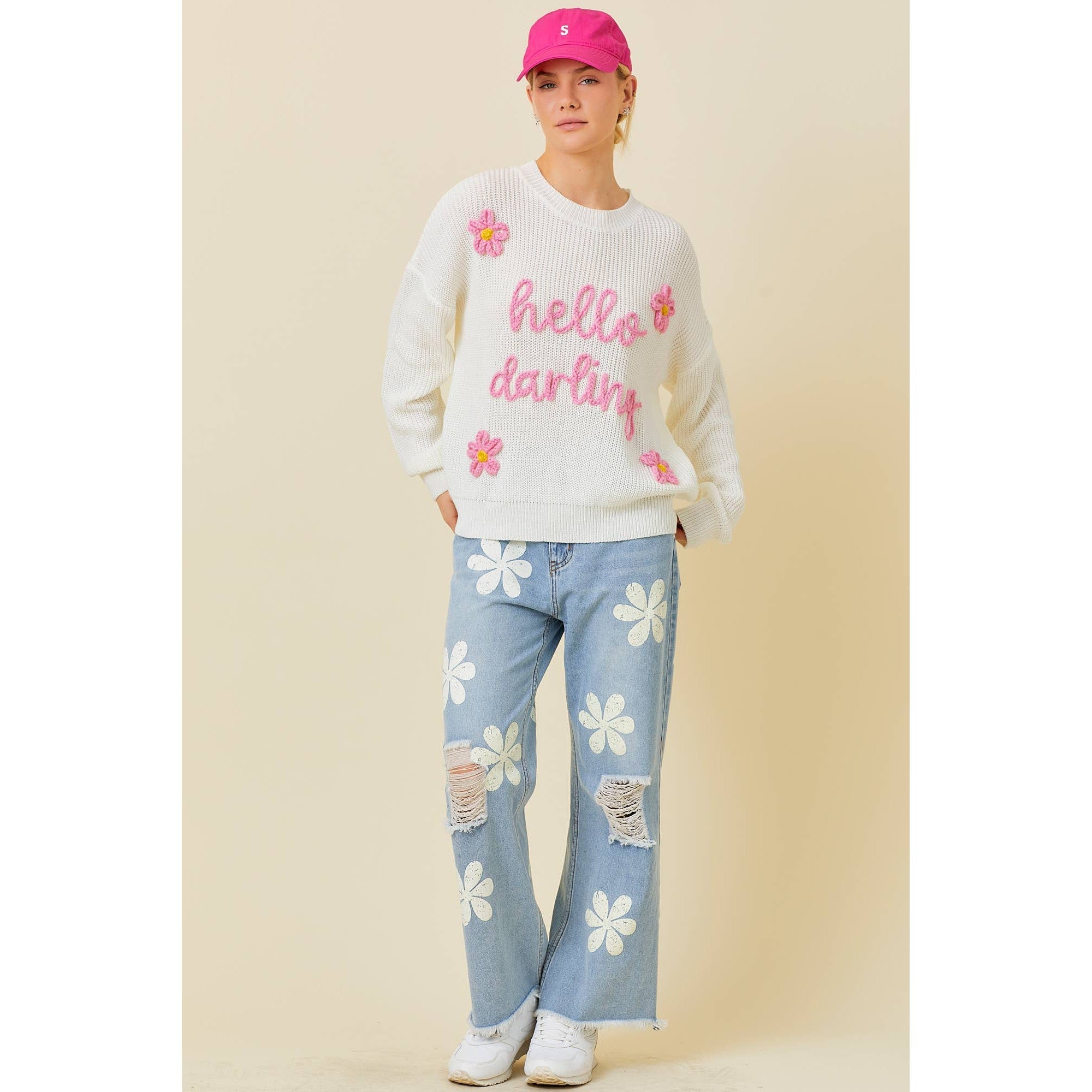 Hello Darling Flower Trim Sweater | Comfy Vintage Knit Sweatshirt [Sizes SM - L]