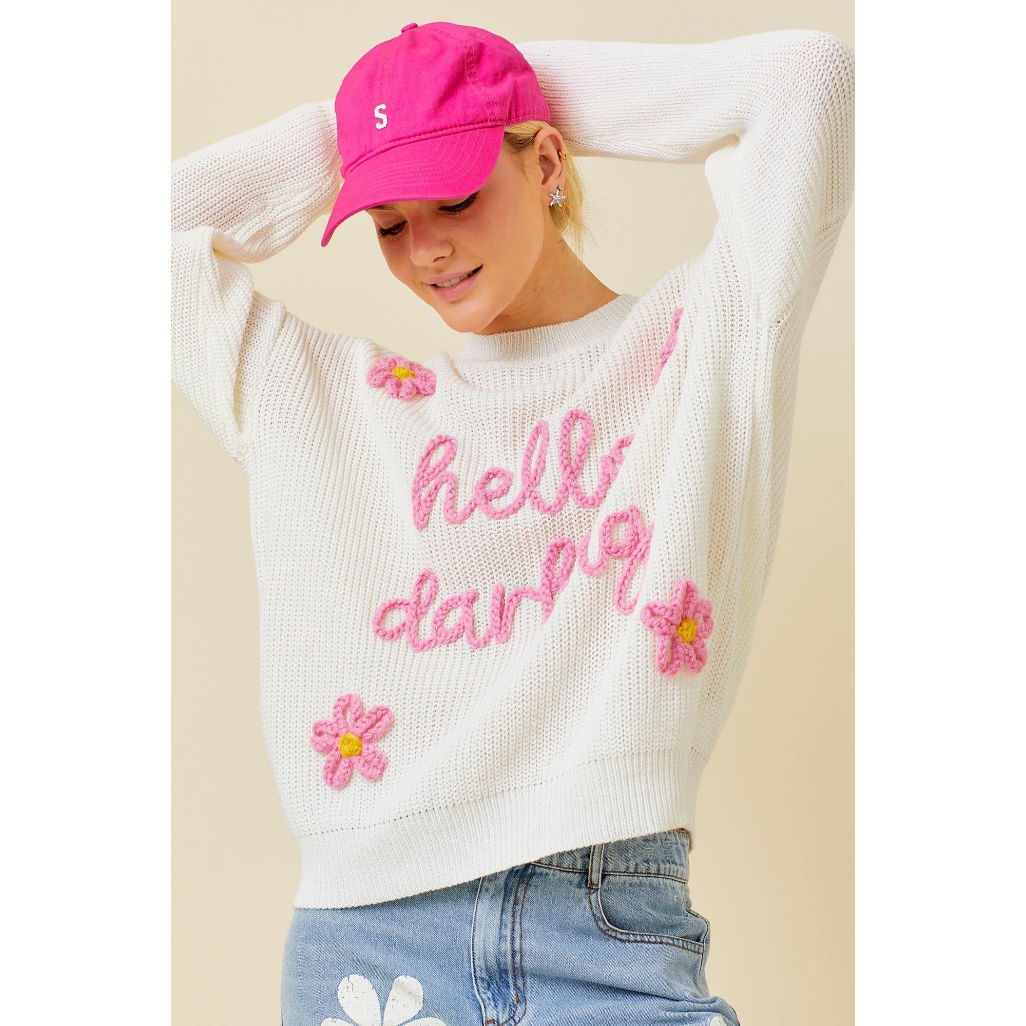 Hello Darling Flower Trim Sweater | Comfy Vintage Knit Sweatshirt [Sizes SM - L]