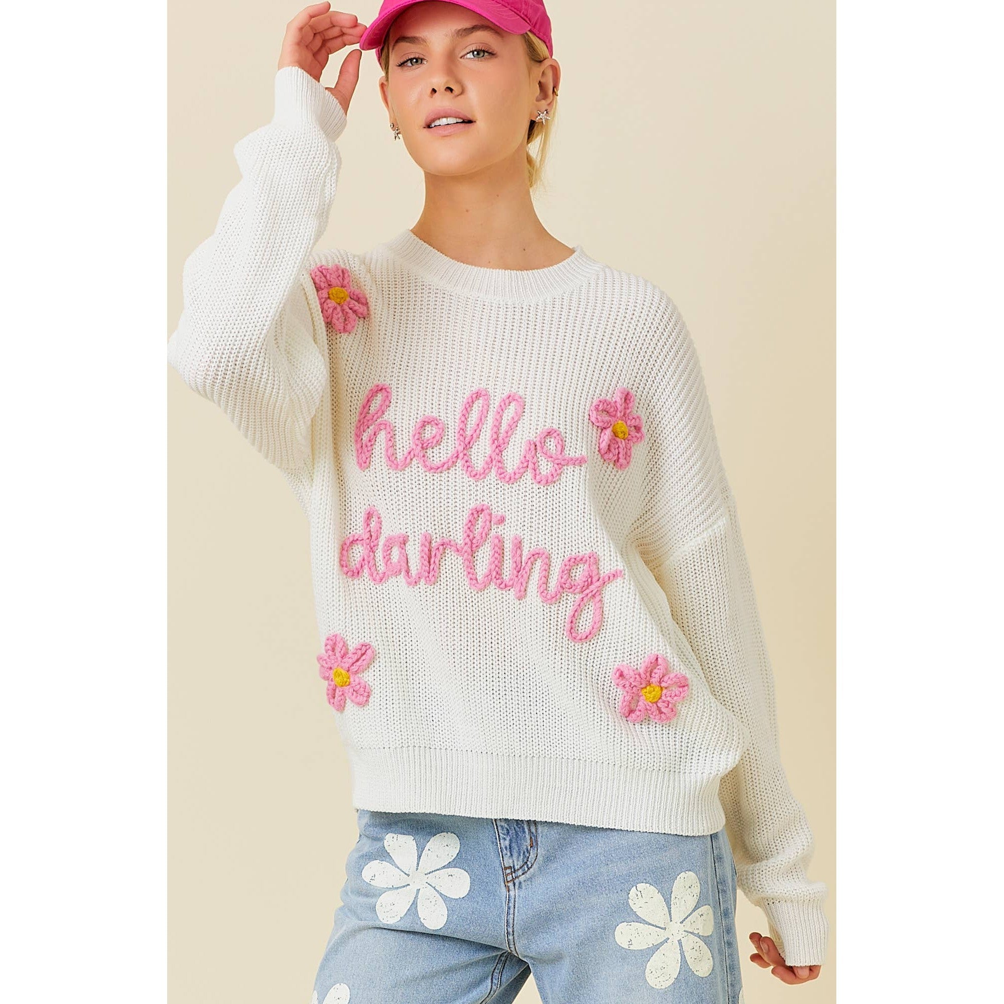 Hello Darling Flower Trim Sweater | Comfy Vintage Knit Sweatshirt [Sizes SM - L]