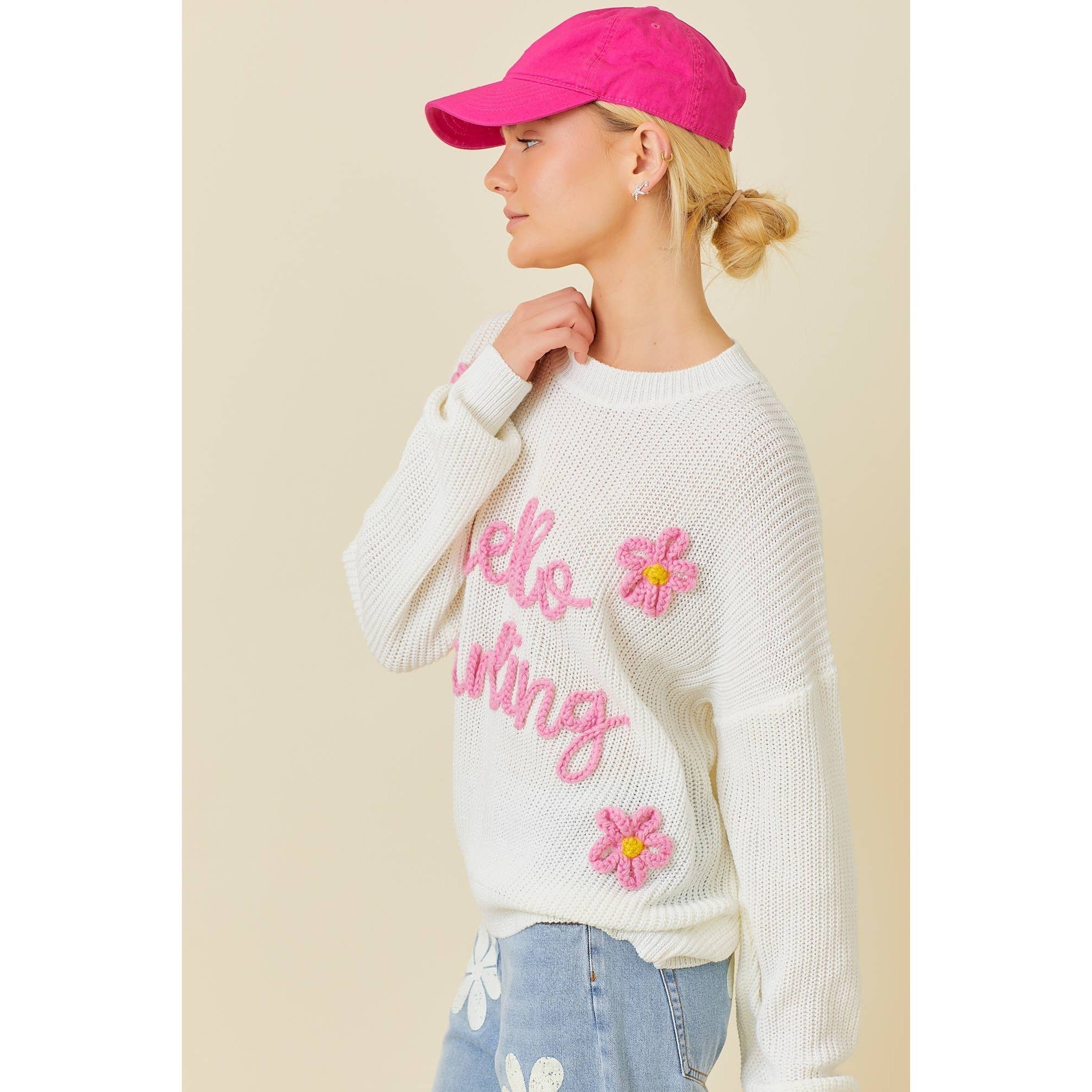 Hello Darling Flower Trim Sweater | Comfy Vintage Knit Sweatshirt [Sizes SM - L]